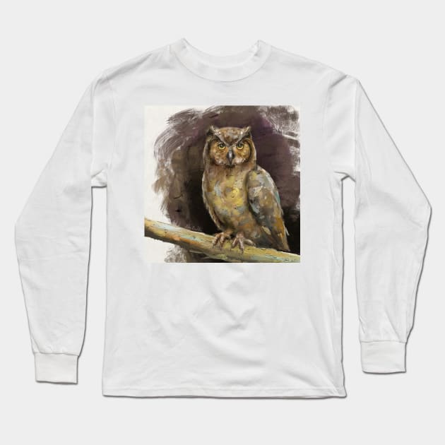 An Artistic Painting of an Owl in Earthy Shades Long Sleeve T-Shirt by ibadishi
